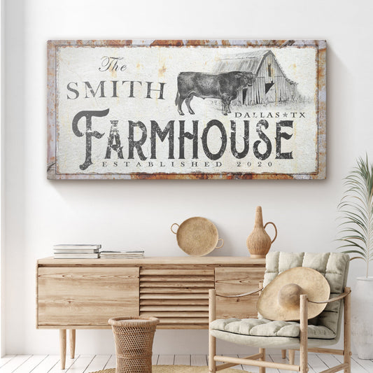 Canvas Rustic Farmhouse sign by Tailored Canvases with cow and barn illustration on rust frame on Tampa Home & Garden Store