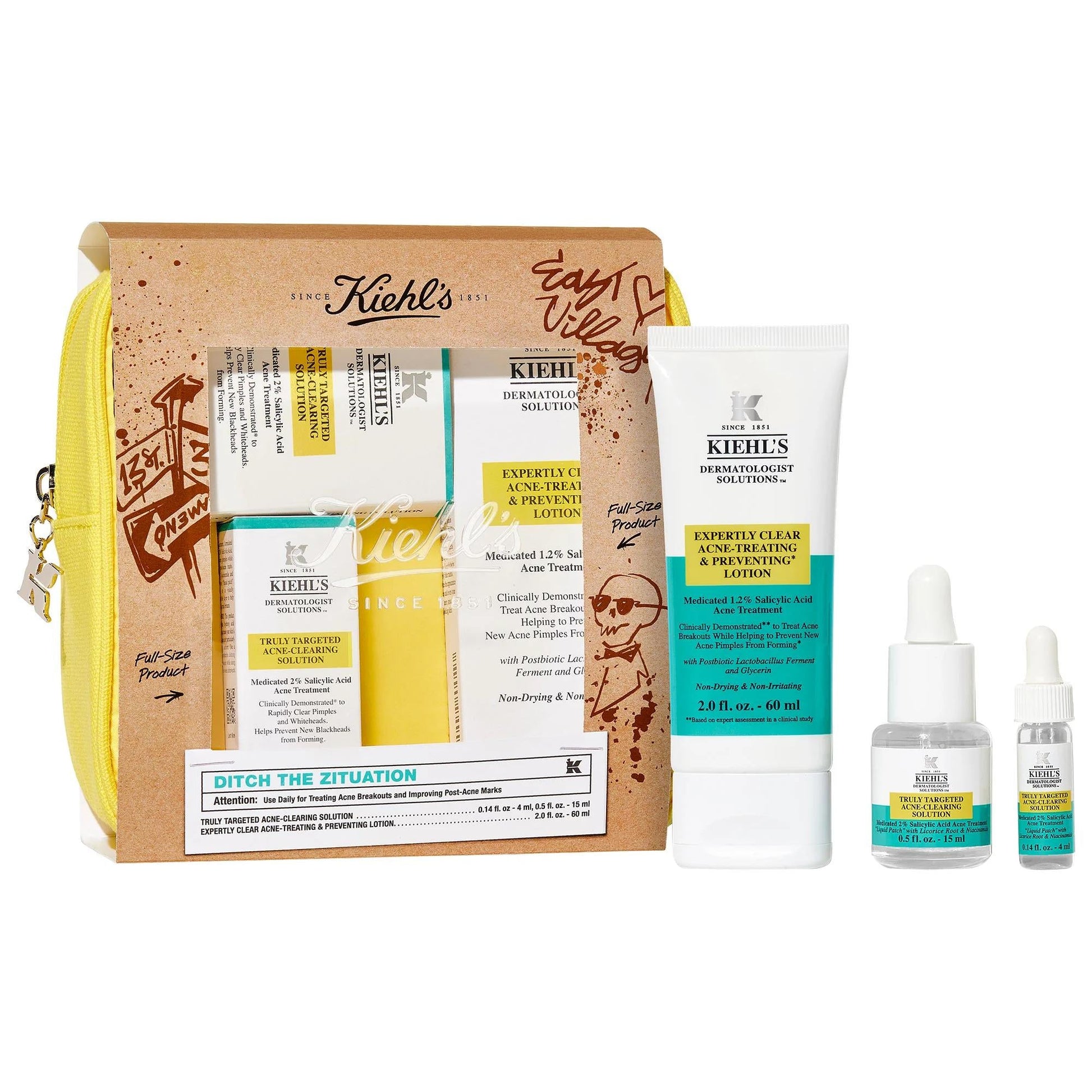Kiehl's Dermatologist Solutions acne kit with multiple tubes in tan gift box and yellow bag on Tampa Home & Garden Store