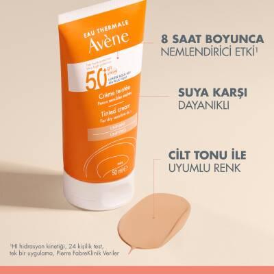 Avène tinted SPF50+ sunscreen cream for dry skin, 50 ml orange tube with swatch on Tampa Home & Garden Store