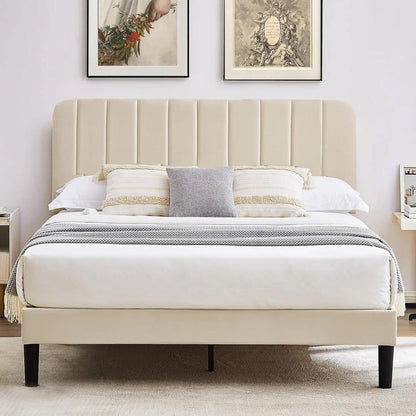 Base de cama tipo plataforma tapizada beige tamaño queen con cabecera