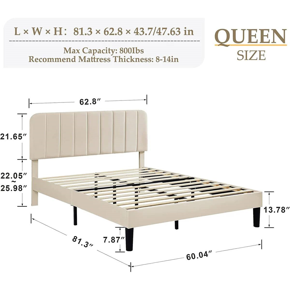 Base de cama tipo plataforma tapizada beige tamaño queen con cabecera