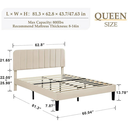 Base de cama tipo plataforma tapizada beige tamaño queen con cabecera