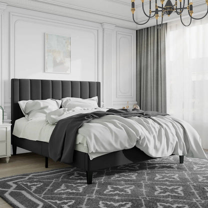 Estructura de cama Queen tapizada en terciopelo negro con cabecero