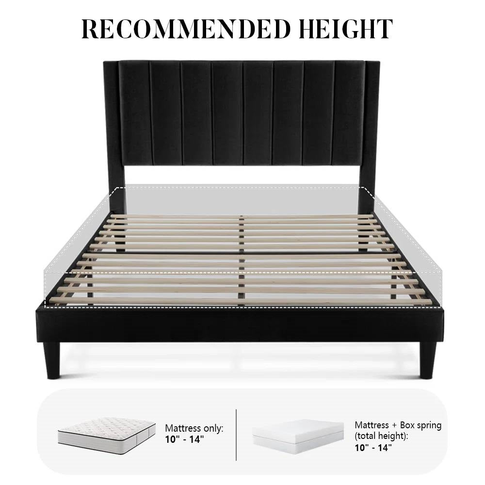 Estructura de cama Queen tapizada en terciopelo negro con cabecero