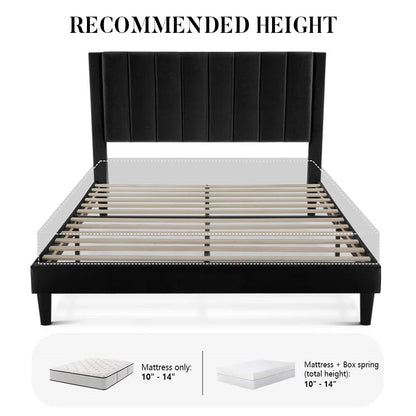 Estructura de cama Queen tapizada en terciopelo negro con cabecero