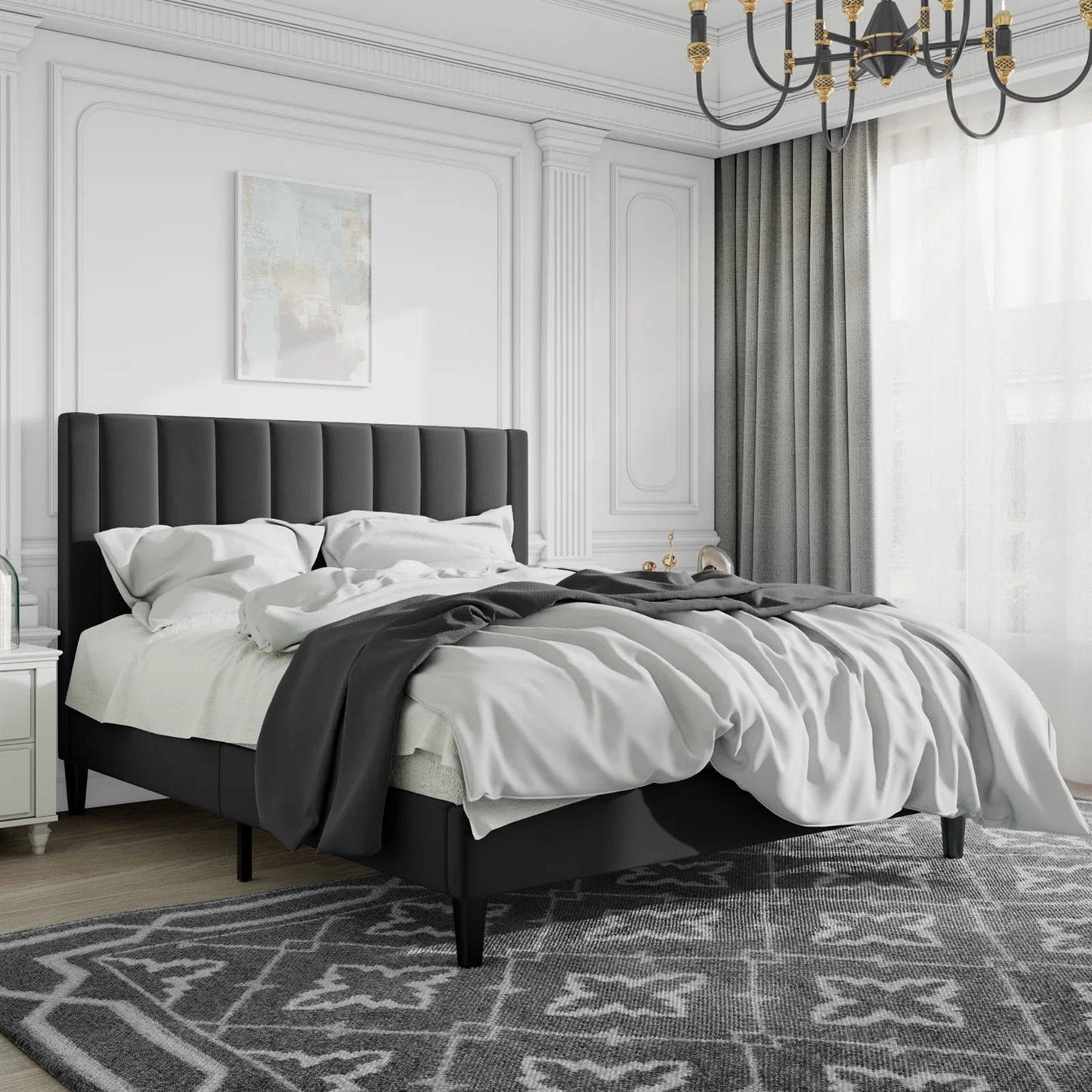 Cama de plataforma tapizada de terciopelo negro moderno tamaño Queen con cabecero