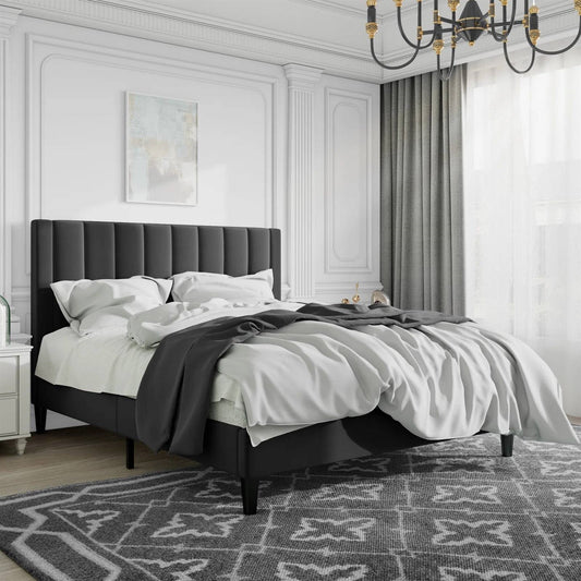Queen size Modern Black Velvet Upholstered Platform Bed with Headboard - Tampa Home & Garden Store