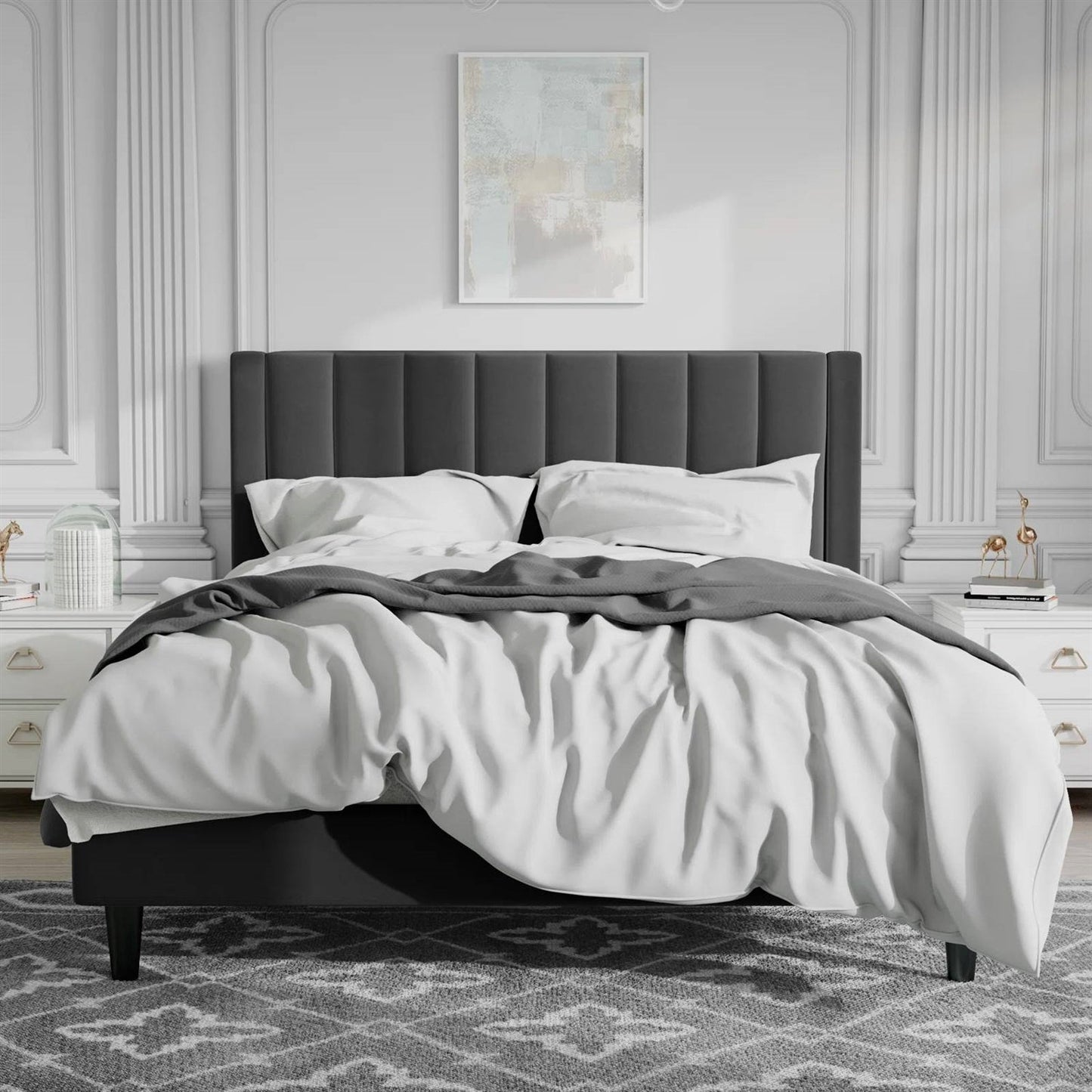 Cama de plataforma tapizada de terciopelo negro moderno tamaño Queen con cabecero