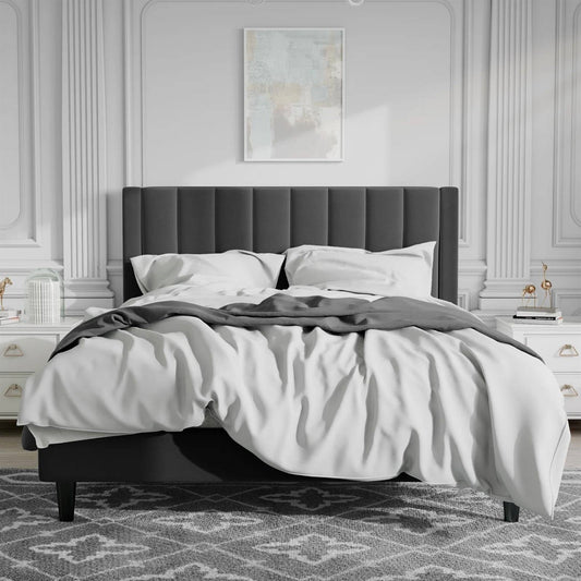 Queen size Modern Black Velvet Upholstered Platform Bed with Headboard - Tampa Home & Garden Store