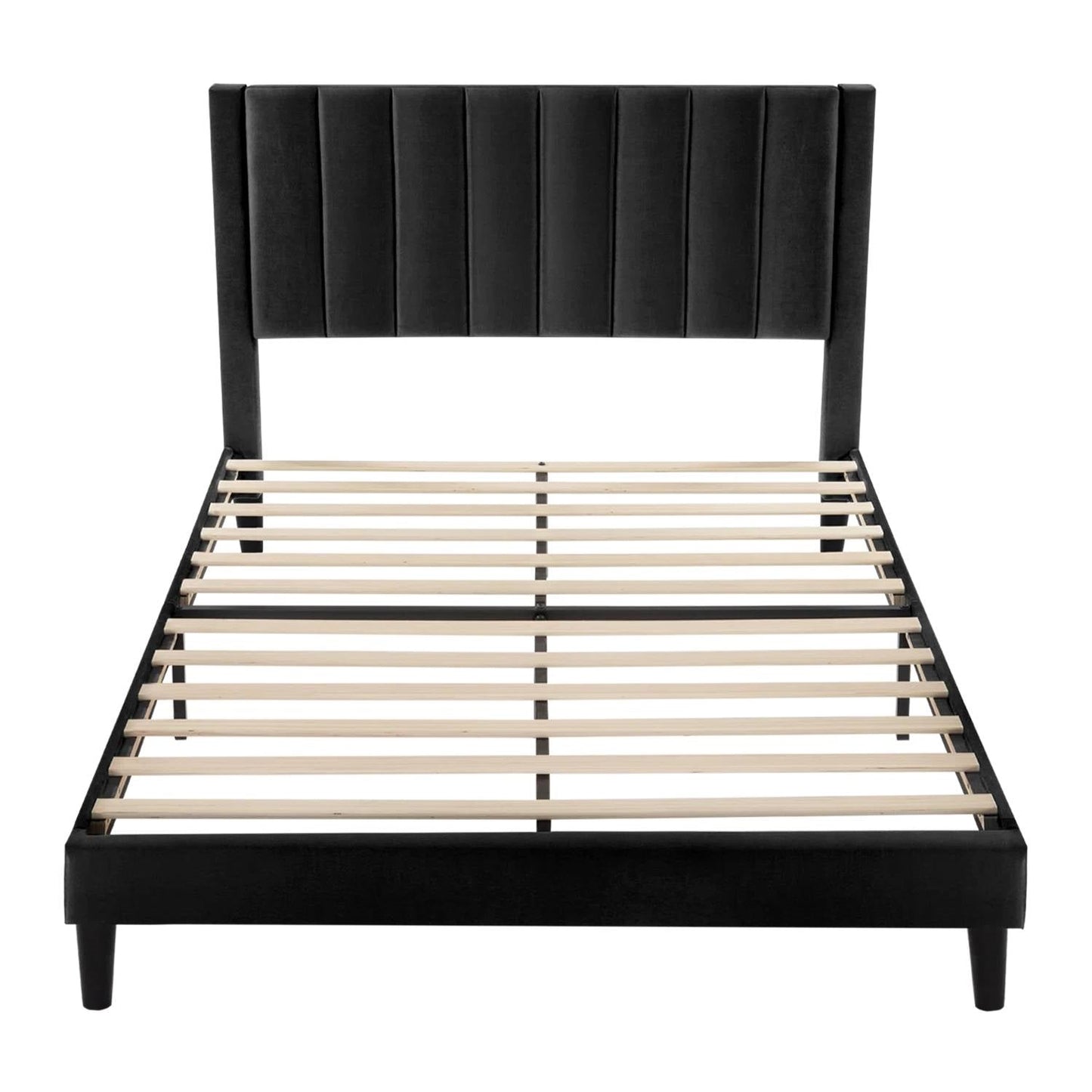 Cama de plataforma tapizada de terciopelo negro moderno tamaño Queen con cabecero