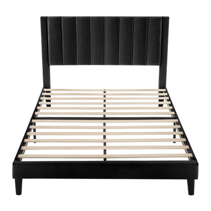 Cama de plataforma tapizada de terciopelo negro moderno tamaño Queen con cabecero
