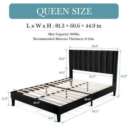 Cama de plataforma tapizada de terciopelo negro moderno tamaño Queen con cabecero
