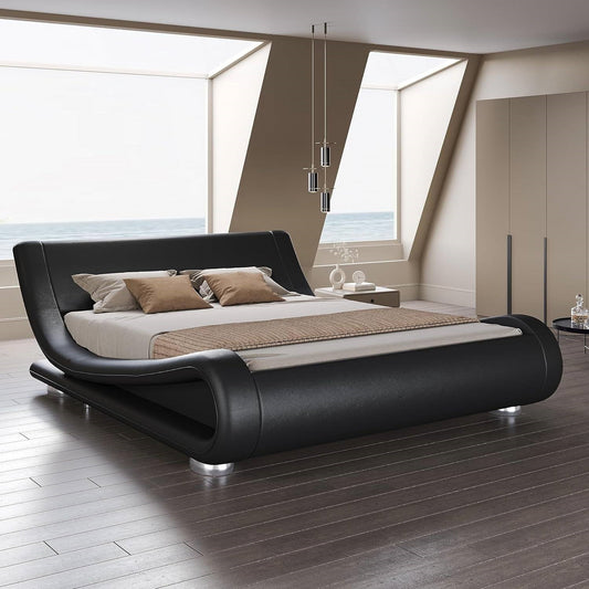 Queen Modern Black Upholstered Platform Bed Frame with Sleigh Curved Headboard - Tampa Home & Garden Store