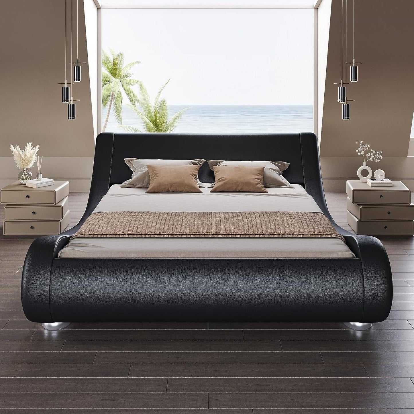 Estructura de cama Queen tapizada en negro moderno con cabecero curvado de trineo