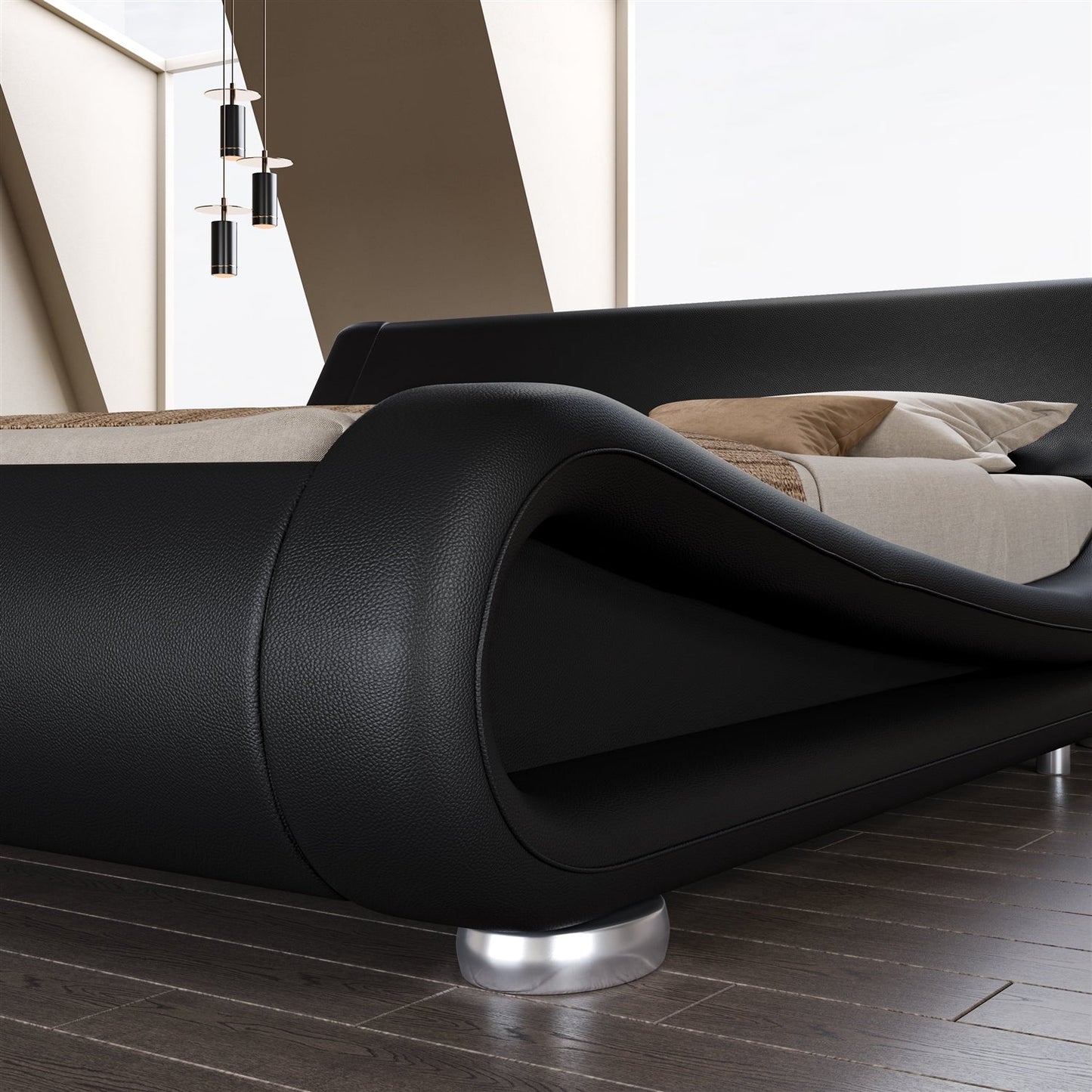 Estructura de cama Queen tapizada en negro moderno con cabecero curvado de trineo