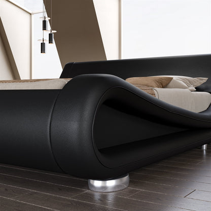 Estructura de cama Queen tapizada en negro moderno con cabecero curvado de trineo