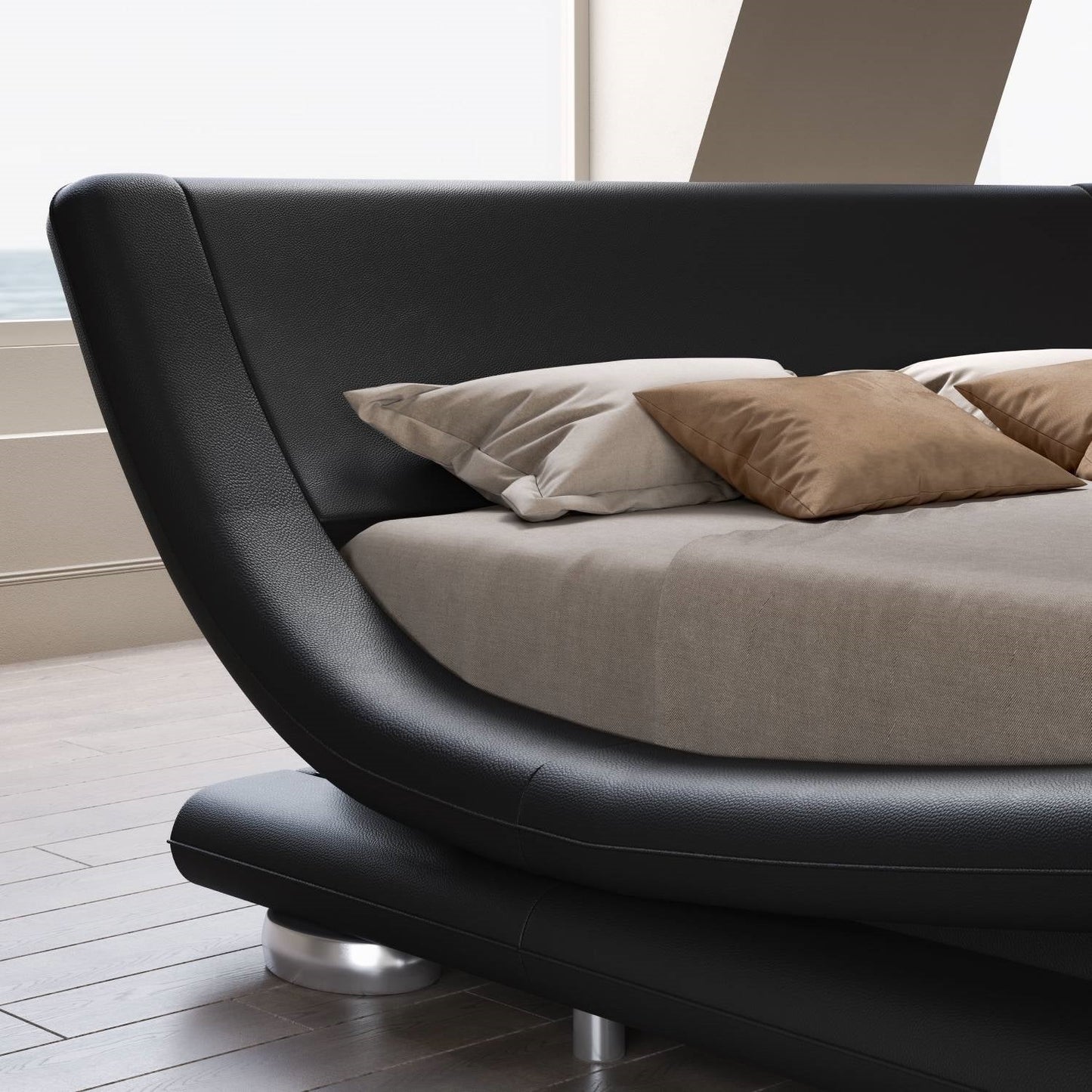 Estructura de cama Queen tapizada en negro moderno con cabecero curvado de trineo