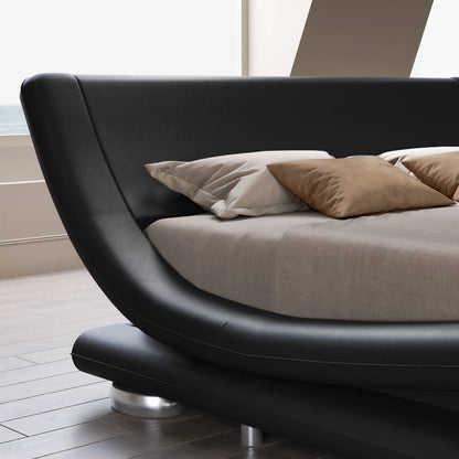 Estructura de cama Queen tapizada en negro moderno con cabecero curvado de trineo