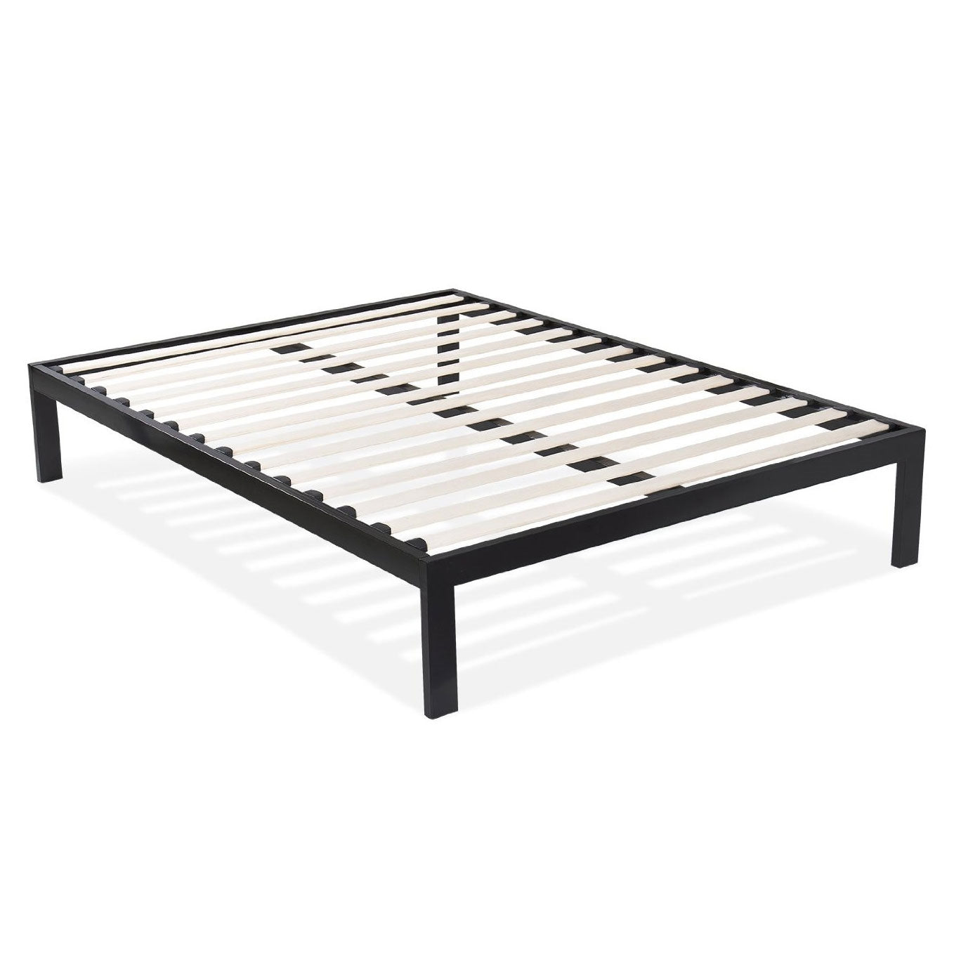 Estructura de cama Queen size moderna de metal negro con somier de láminas de madera