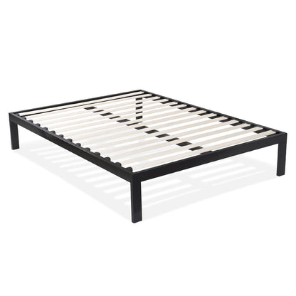 Estructura de cama Queen size moderna de metal negro con somier de láminas de madera