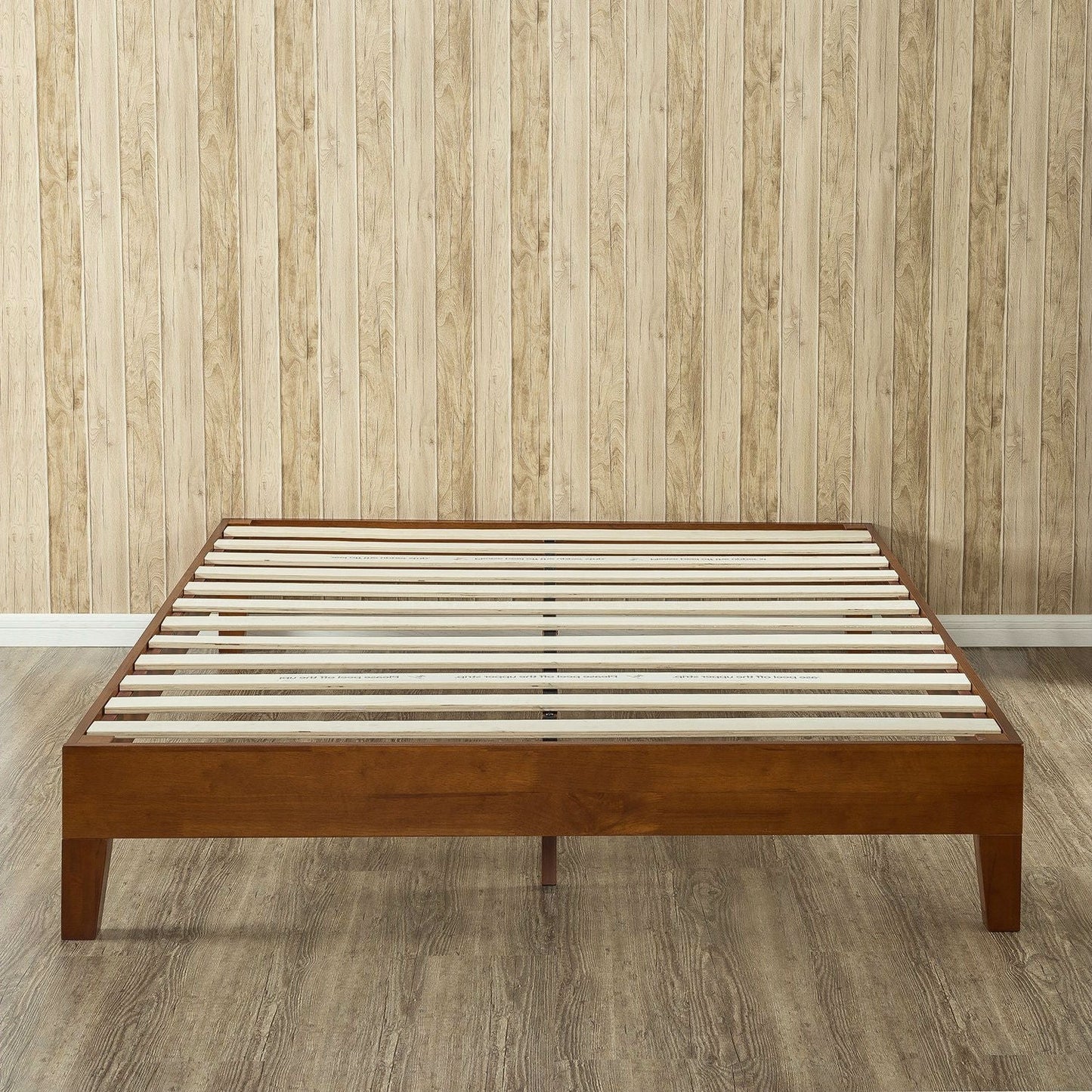 Marco de cama de plataforma Queen de perfil bajo de madera maciza con acabado de cerezo