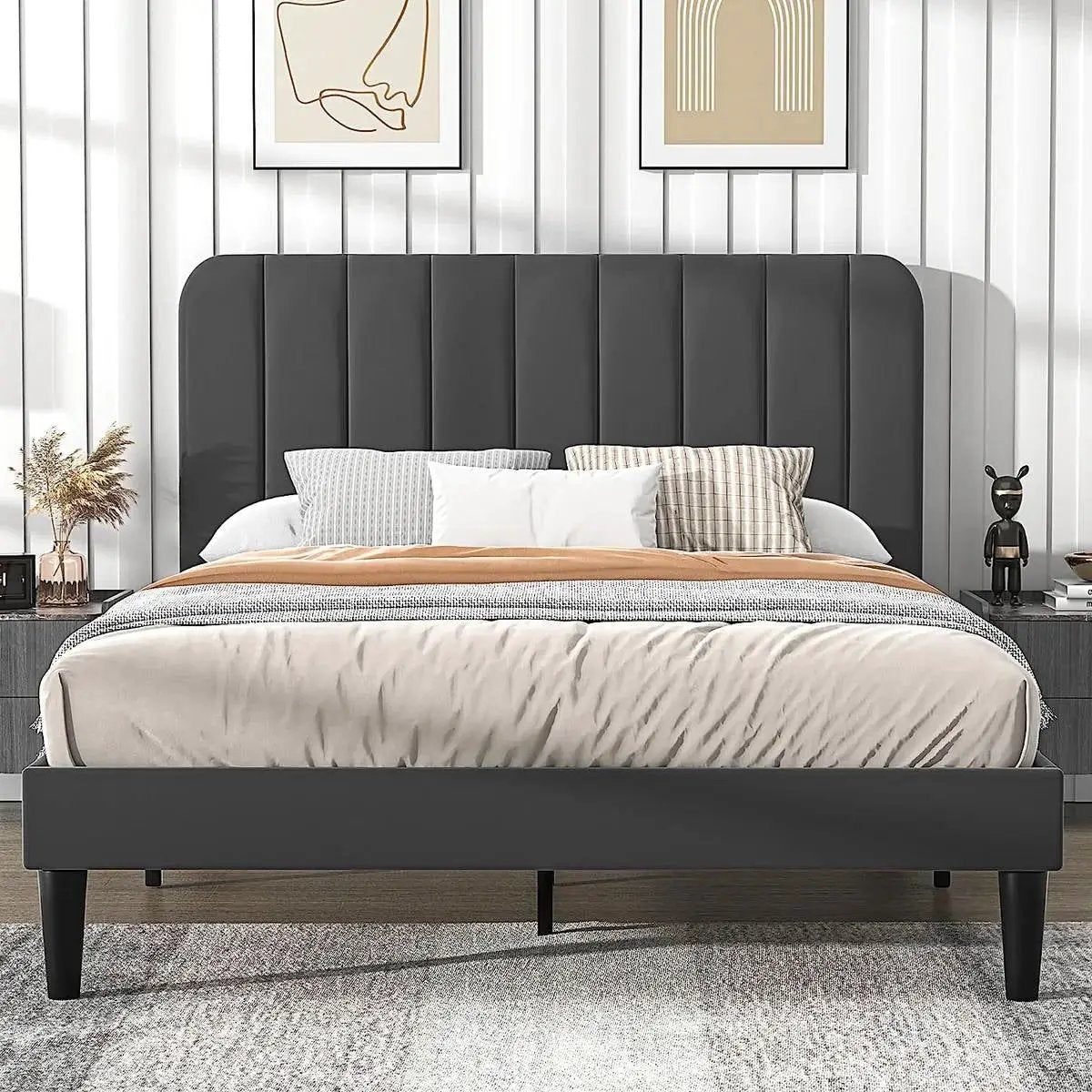 Queen size dark grey upholstered platform bed frame with tall headboard by HomePacific on Tampa Home & Garden Store