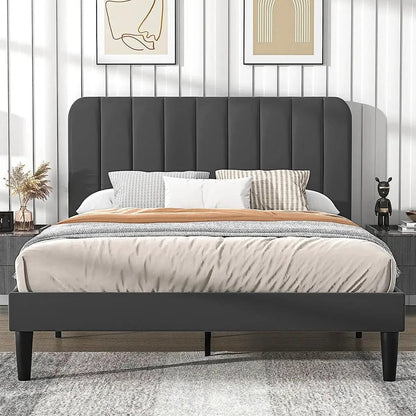 Queen size dark grey upholstered platform bed frame with tall headboard by HomePacific on Tampa Home & Garden Store