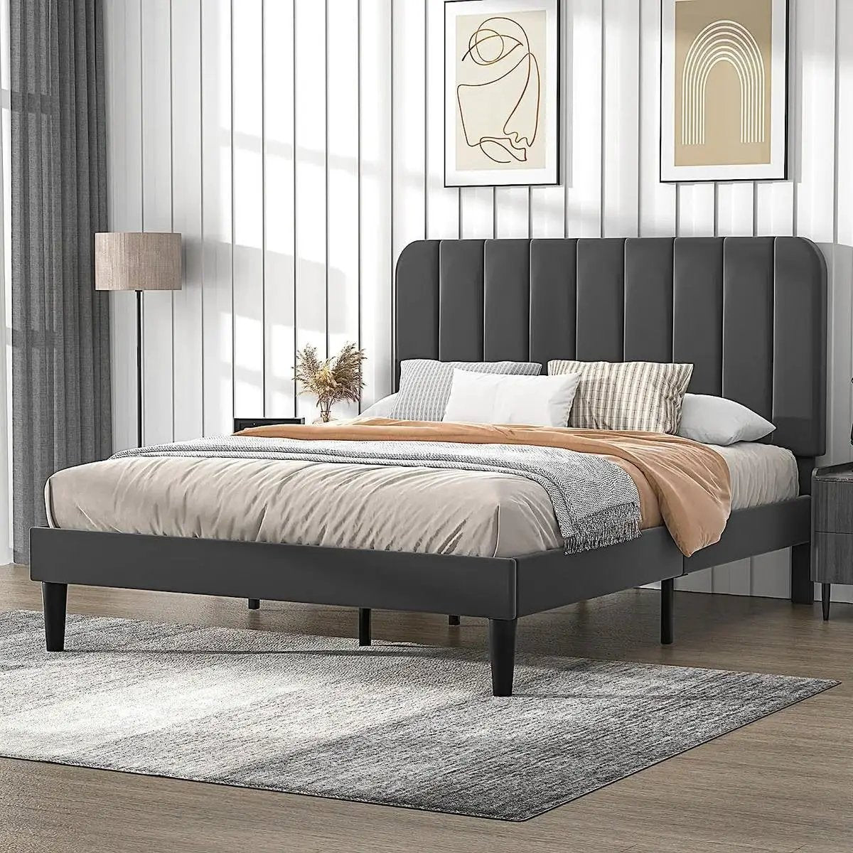 Queen size dark grey upholstered platform bed frame with tall channel headboard HomePacific on Tampa Home & Garden Store