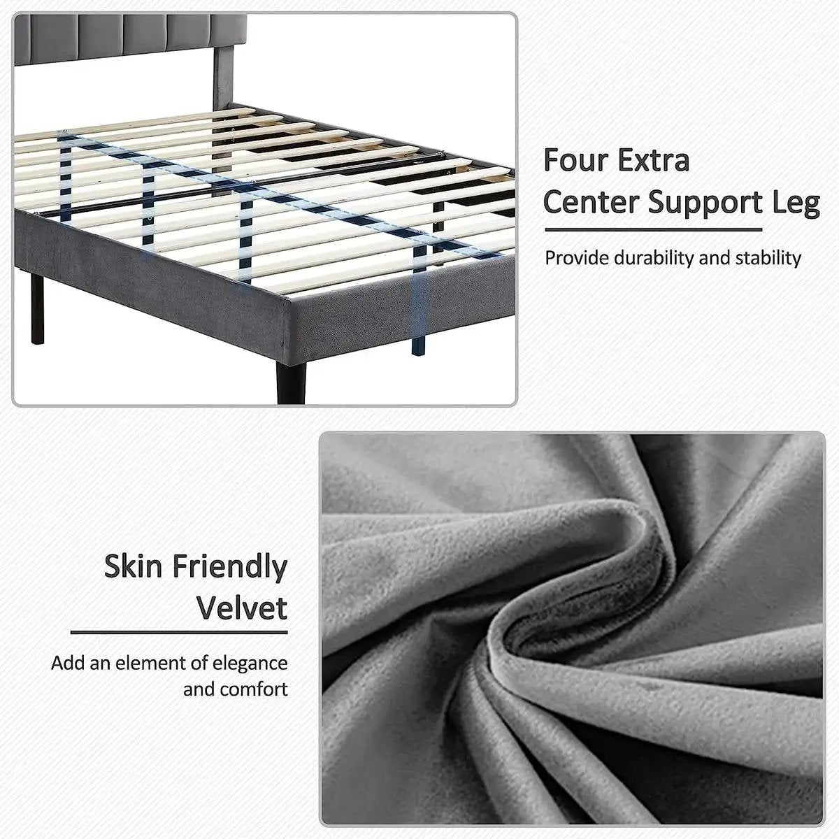 Queen size Dark Grey upholstered bed frame with headboard by HomePacific, 4 center legs on Tampa Home & Garden Store