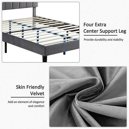 Queen size Dark Grey upholstered bed frame with headboard by HomePacific, 4 center legs on Tampa Home & Garden Store