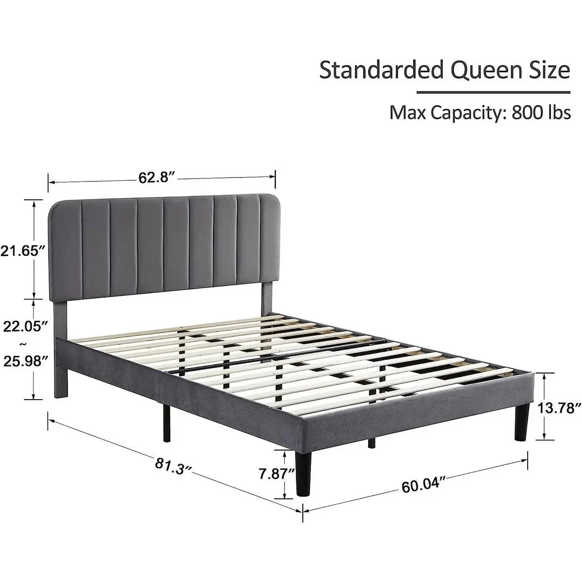 Queen size dark grey upholstered platform bed frame with headboard by HomePacific, slat base on Tampa Home & Garden Store