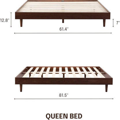 Base de cama de plataforma estilo moderno de mediados de siglo Queen, con acabado de madera en café oscuro