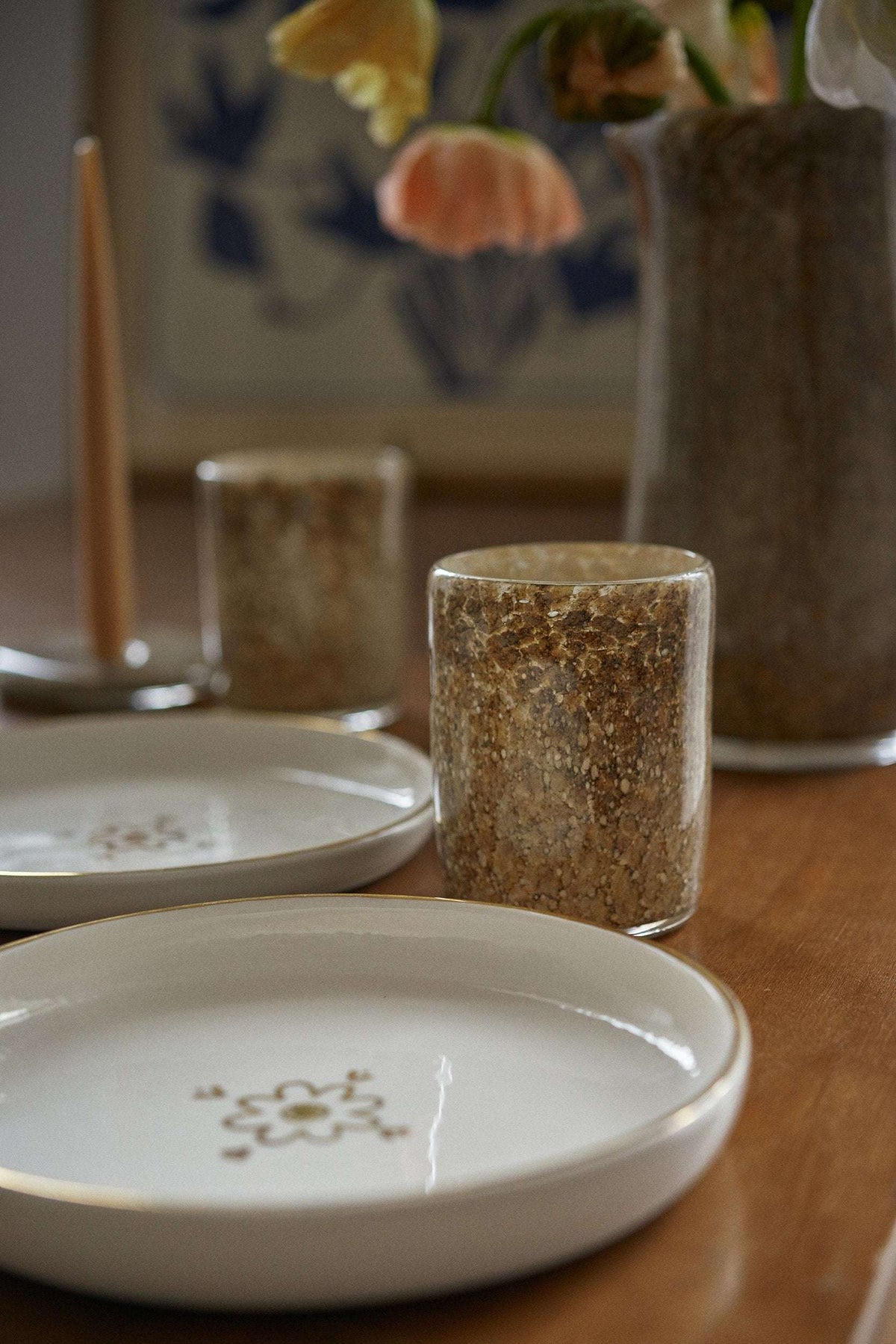 Two hand blown glass tumblers with brown speckled finish by Creating Comfort on Tampa Home & Garden Store