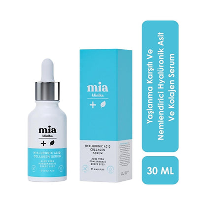 Mia Klinika Hyaluronic Acid Collagen Serum bottle with dropper, blue carton packaging, 30 ml on Tampa Home & Garden Store
