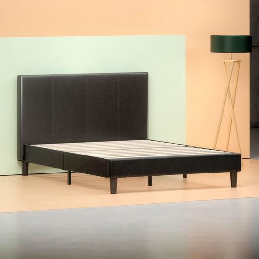 Queen Espresso Faux Leather Platform Bed Frame with Headboard - Tampa Home & Garden Store