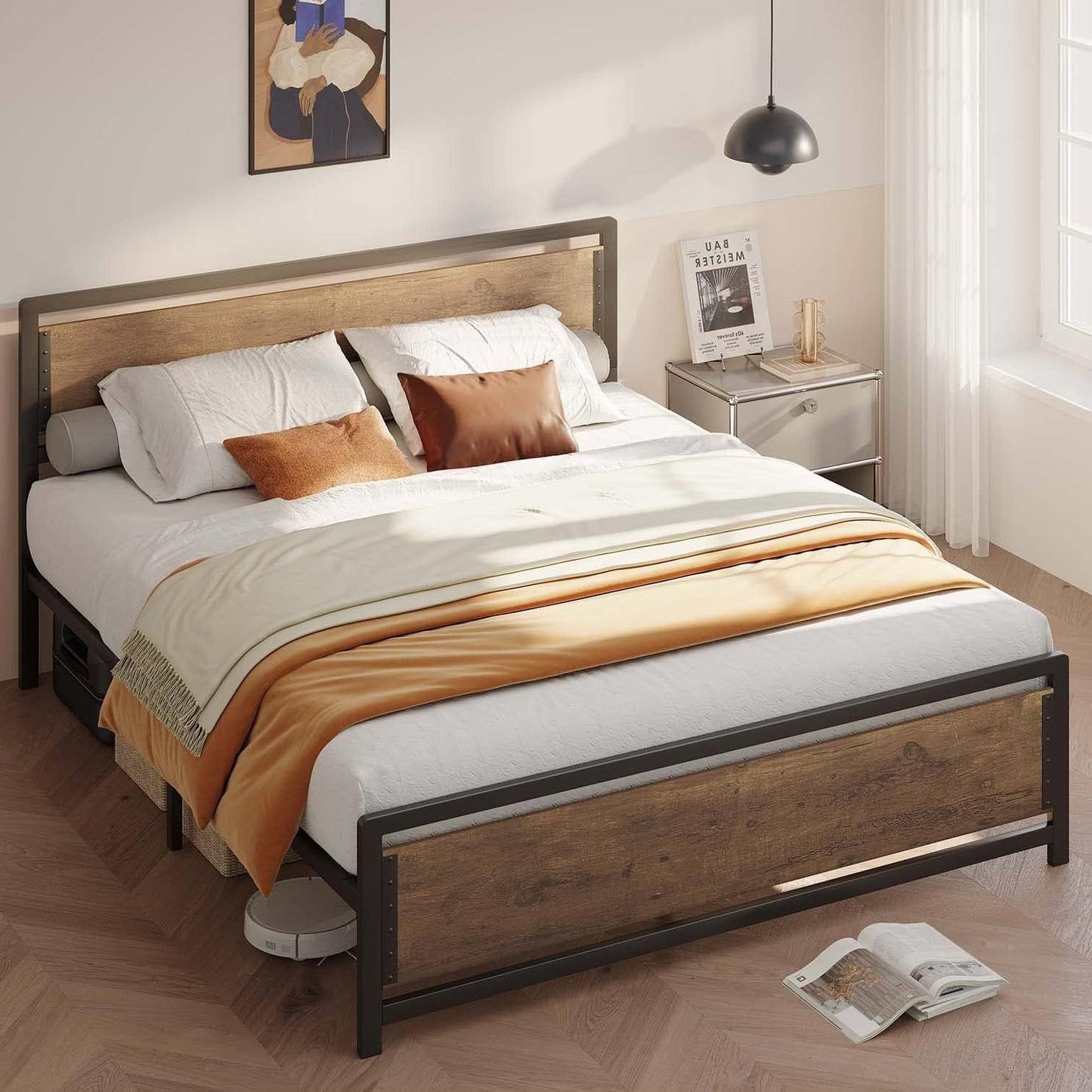 Cama Queen con Base de Plataforma Moderna de Metal y Madera de Estilo Industrial con Cabecero y Pie de Cama