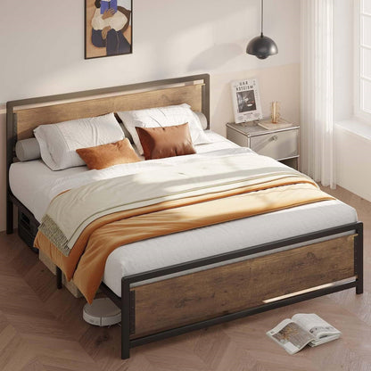 Cama Queen con Base de Plataforma Moderna de Metal y Madera de Estilo Industrial con Cabecero y Pie de Cama