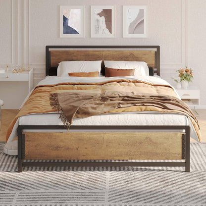Cama Queen con Base de Plataforma Moderna de Metal y Madera de Estilo Industrial con Cabecero y Pie de Cama