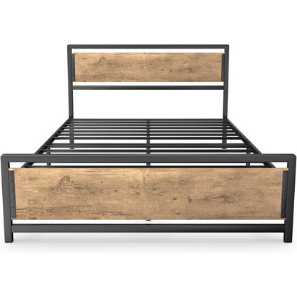 Cama Queen con Base de Plataforma Moderna de Metal y Madera de Estilo Industrial con Cabecero y Pie de Cama