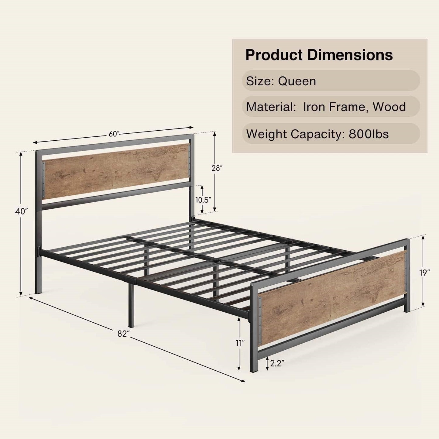Cama Queen con Base de Plataforma Moderna de Metal y Madera de Estilo Industrial con Cabecero y Pie de Cama