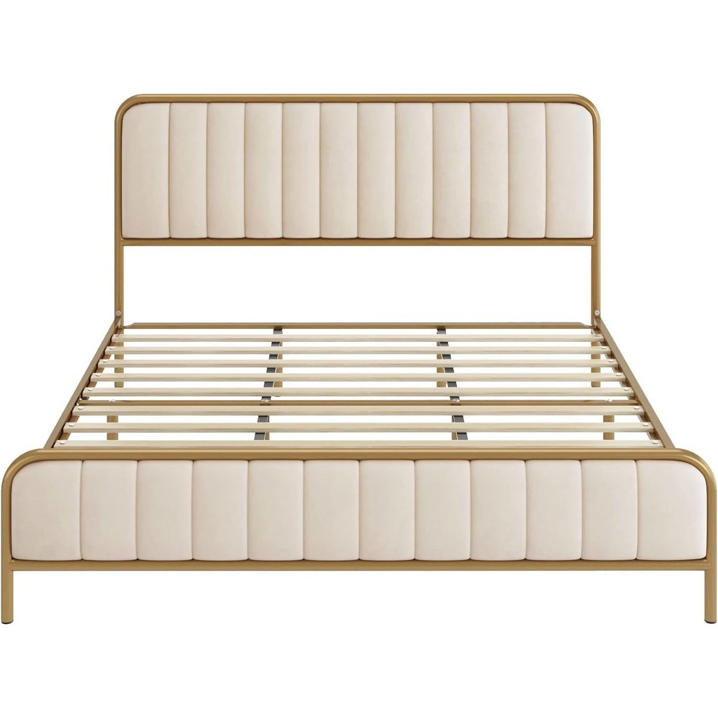 Estructura de cama de plataforma de metal dorado tamaño Queen con cabecero tapizado en blanco roto
