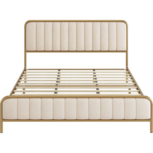 Queen size Gold Metal Platform Bed Frame with Off-White Upholstered Headboard - Tampa Home & Garden Store