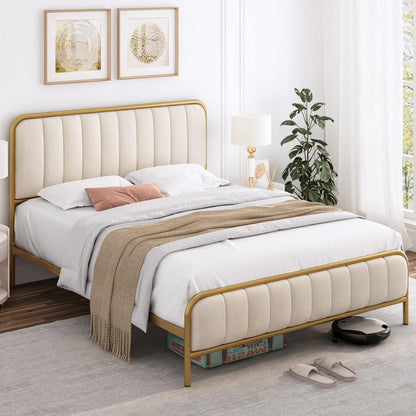 Estructura de cama de plataforma de metal dorado tamaño Queen con cabecero tapizado en blanco roto