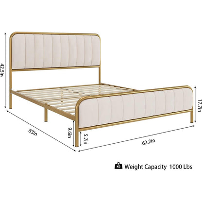 Estructura de cama de plataforma de metal dorado tamaño Queen con cabecero tapizado en blanco roto