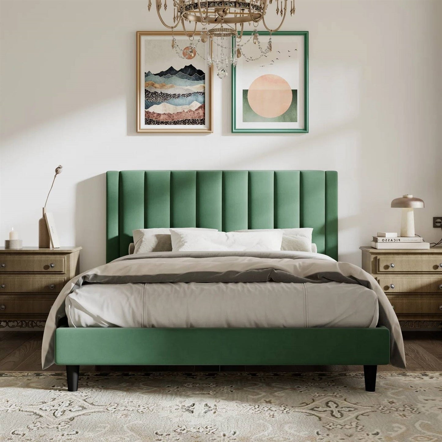 Base de Cama con Plataforma Tapizada de Terciopelo Verde Tamaño Queen con Cabecero