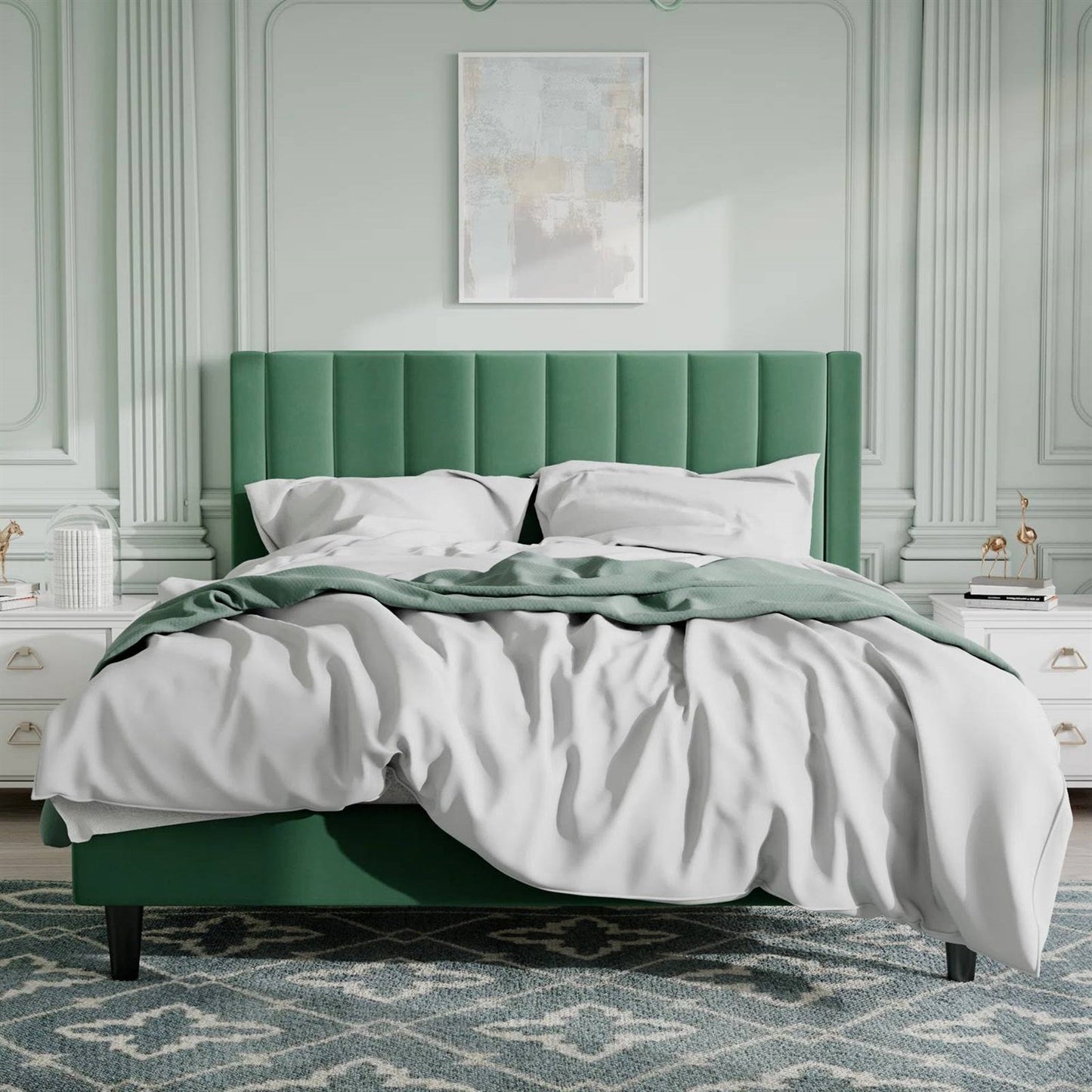 Base de Cama con Plataforma Tapizada de Terciopelo Verde Tamaño Queen con Cabecero