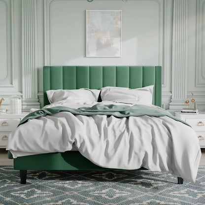 Base de Cama con Plataforma Tapizada de Terciopelo Verde Tamaño Queen con Cabecero