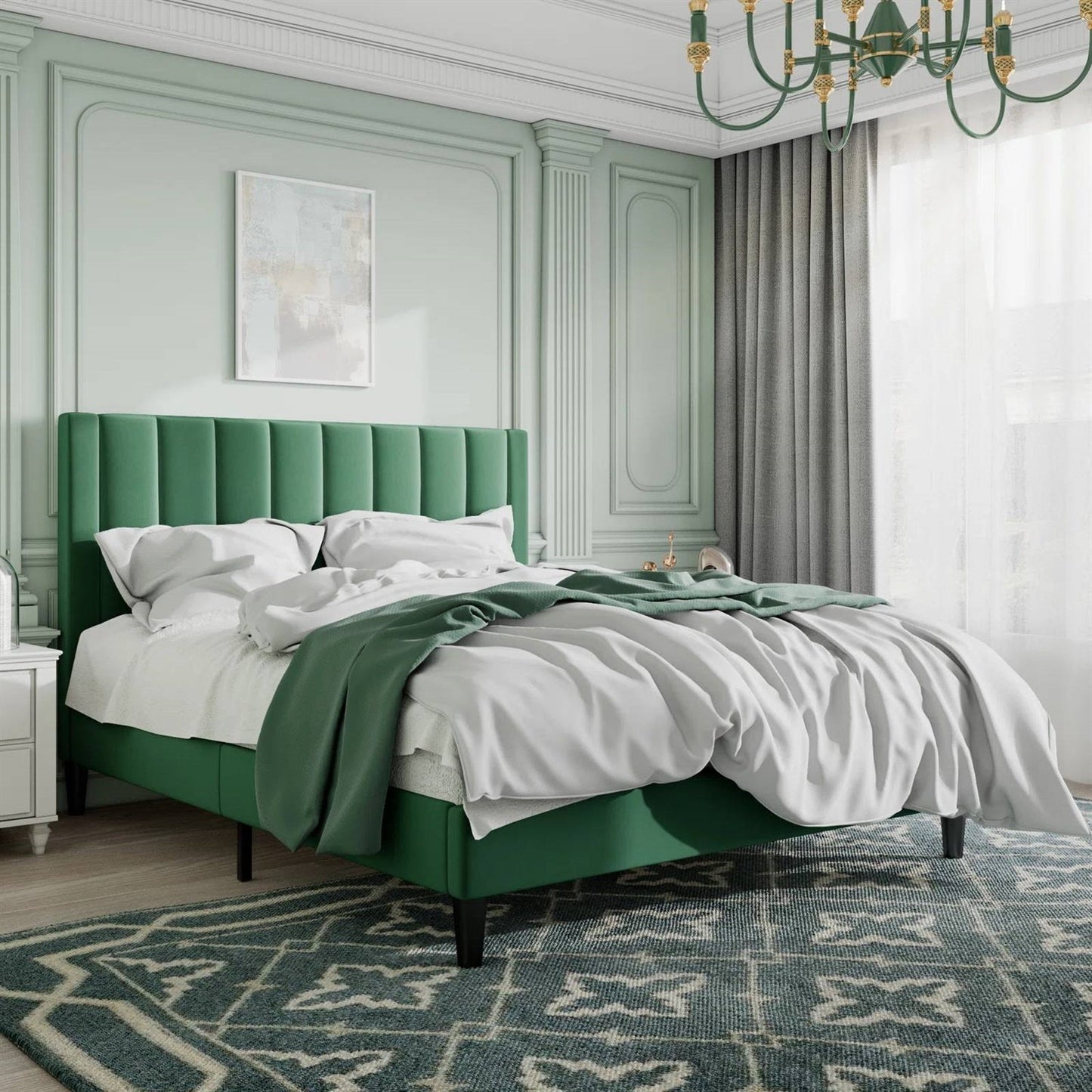 Base de Cama con Plataforma Tapizada de Terciopelo Verde Tamaño Queen con Cabecero