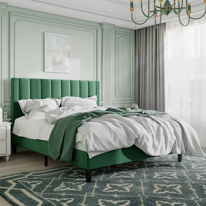 Base de Cama con Plataforma Tapizada de Terciopelo Verde Tamaño Queen con Cabecero
