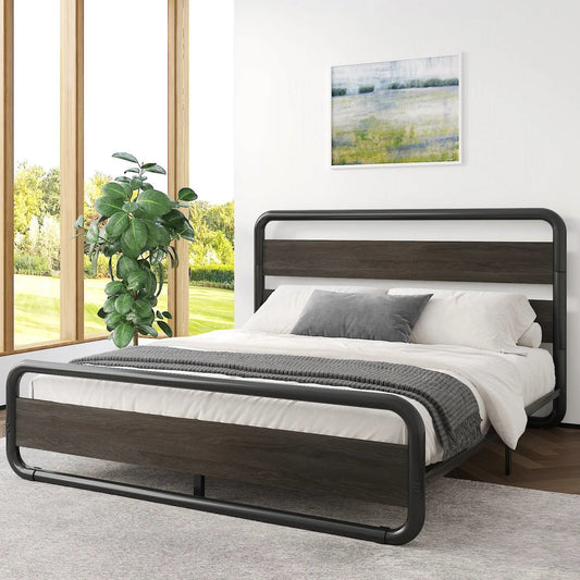 Queen Heavy Duty Round Metal Frame Platform Bed with Black Wood Panel Headboard - Tampa Home & Garden Store